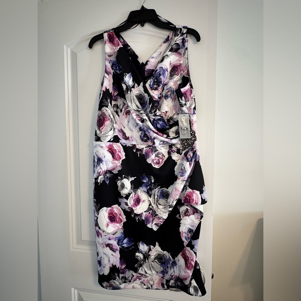 Alex Evenings Black and Purple Floral Asymmetrical Dress